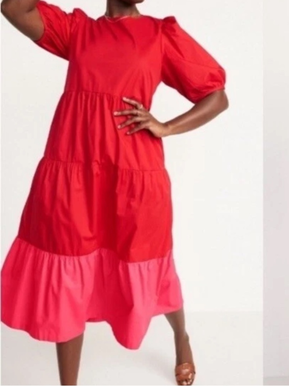 Old Navy Red & Pink Tiered Midi Swing Dress w/POCKETS Size XL Tall